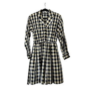 Vintage 60s Long Plaid Fit & Flare Dress Black Cream Gold